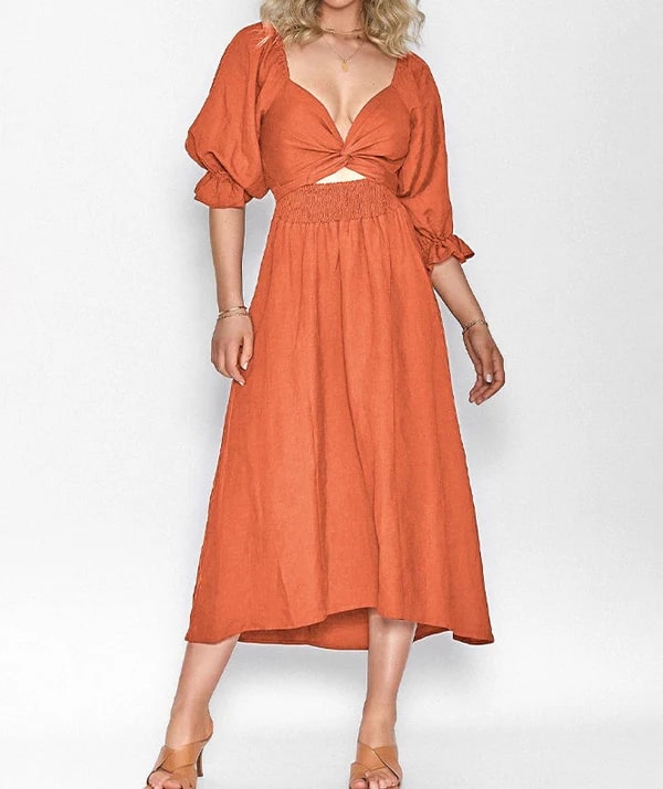 Levoire | Robe Midi Élégante Avec Manches Bouffantes Orange