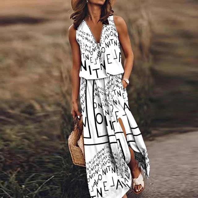 Levoire | Mode Lettres Imprimé Sans Manches Robe Blanc