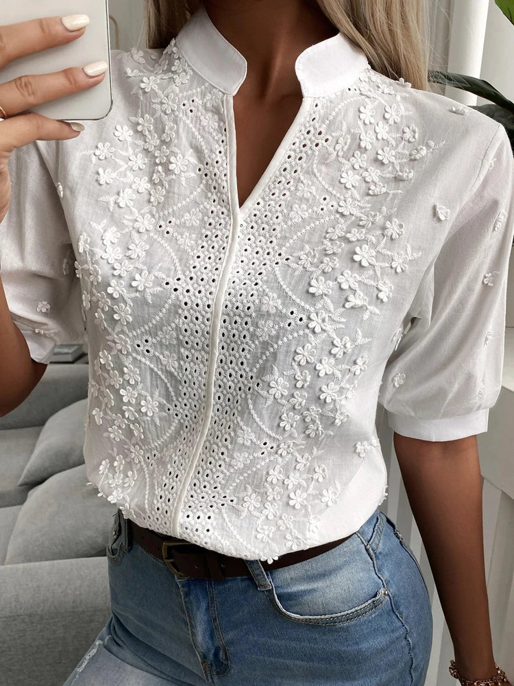 Levoire | V Neck Blouse With Puff Sleeves