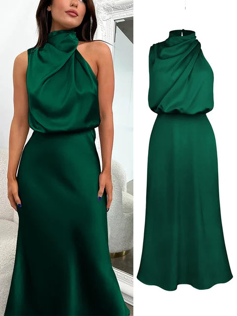 Levoire | Robe Maxi Satin Élégante Vert foncé