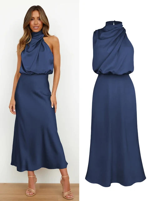 Levoire | Robe Maxi Satin Élégante Bleu marine