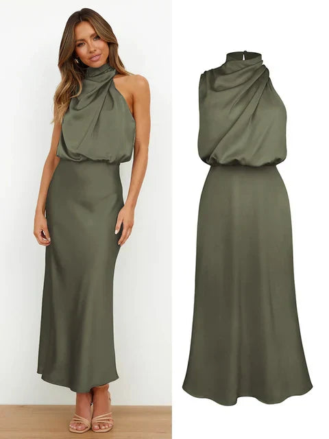 Levoire | Robe Maxi Satin Élégante Vert olive