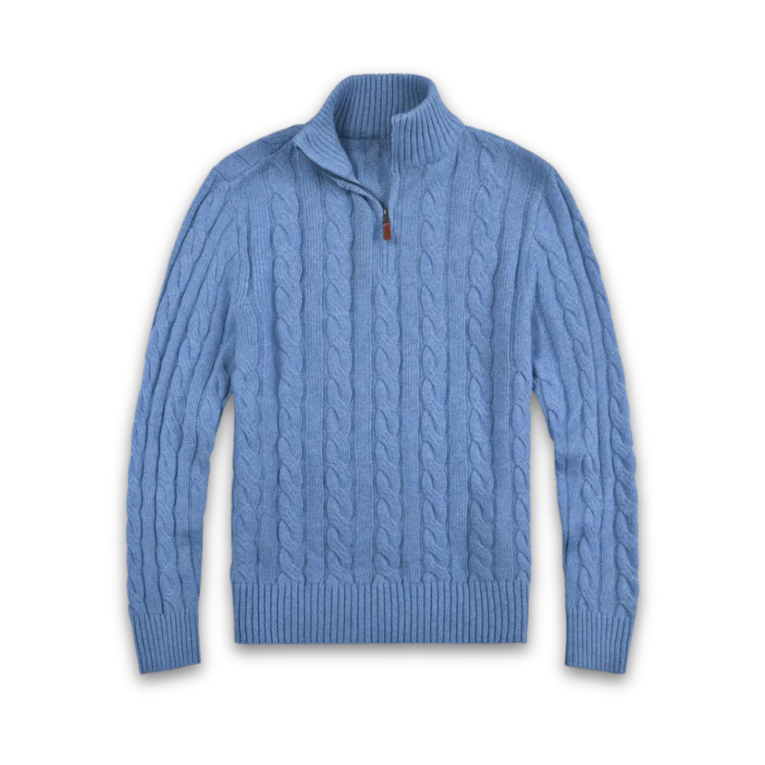 Levoire | Demi-Zip Tricot À Cable Pull À Manches Longues Avec Zip Quater Pour Hommes Bleu