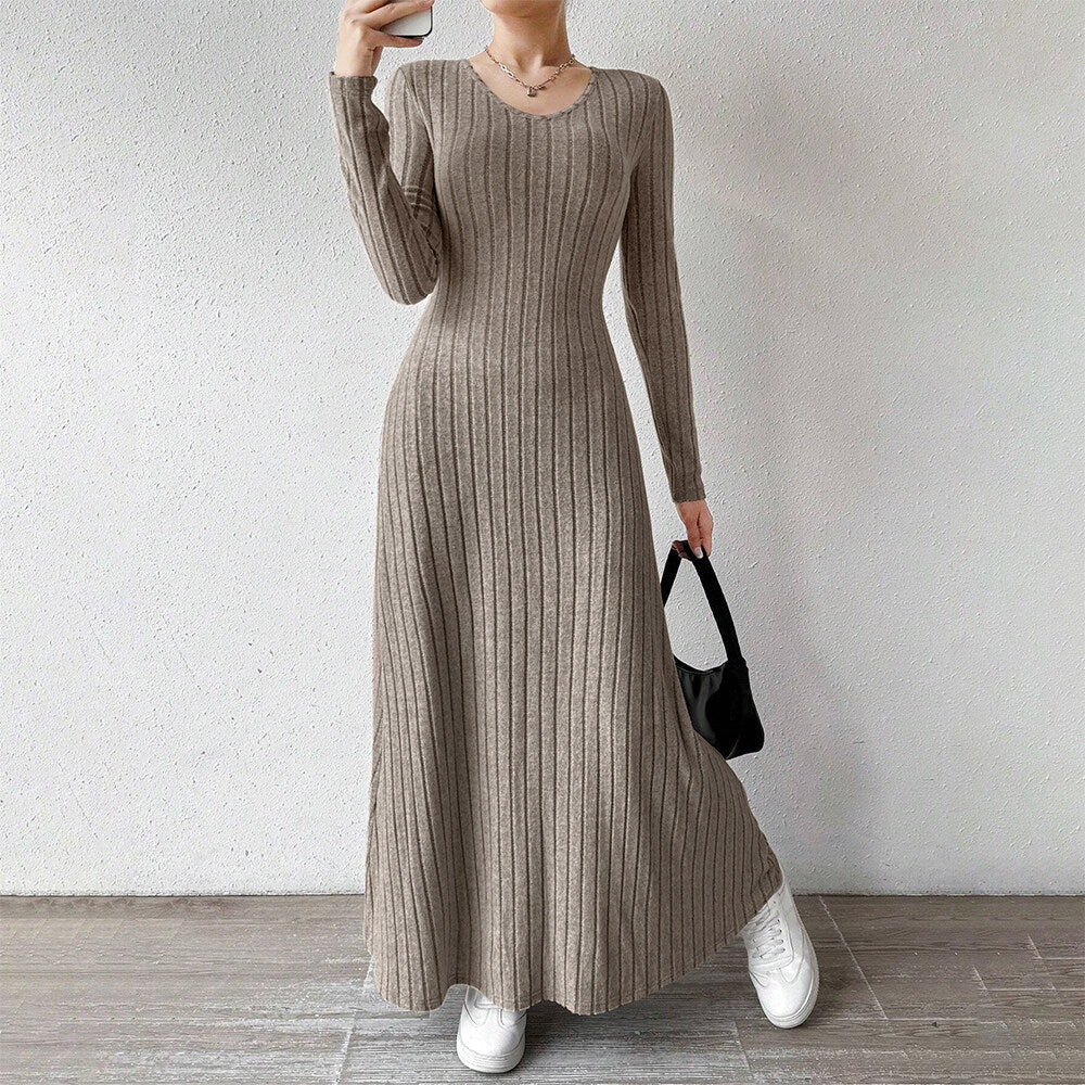 Levoire | Robe Maxi Élégante À Rayures Avec Manches Longues Beige