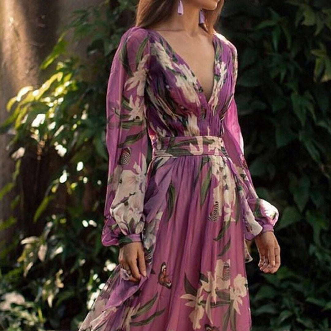 Levoire | Robe Maxi À Fleurs Avec Décolleté En V Et Manches Longues Pour Femmes