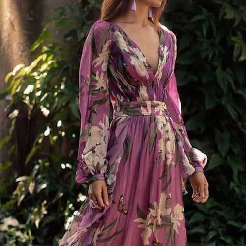 Levoire | Robe Maxi À Fleurs Avec Décolleté En V Et Manches Longues Pour Femmes