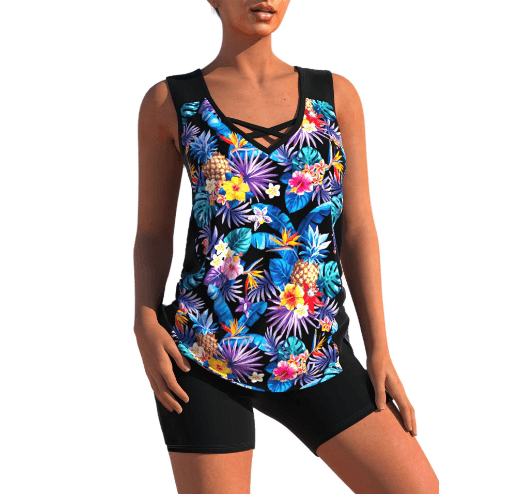 Levoire | Coupe Décontractée Manches Courtes Short De Bikini Vêtements De Plage floral noir