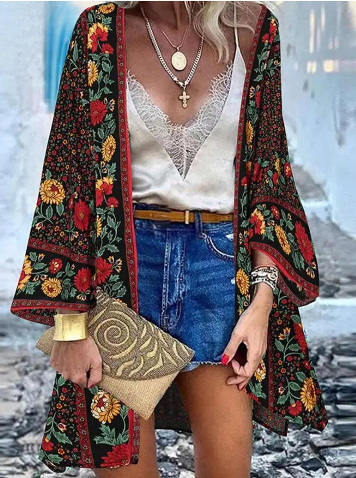 Levoire | Veste En Tricot D'Été Pour Femmes Au Style Bohème Avec Un Motif Floral Coloré Noir