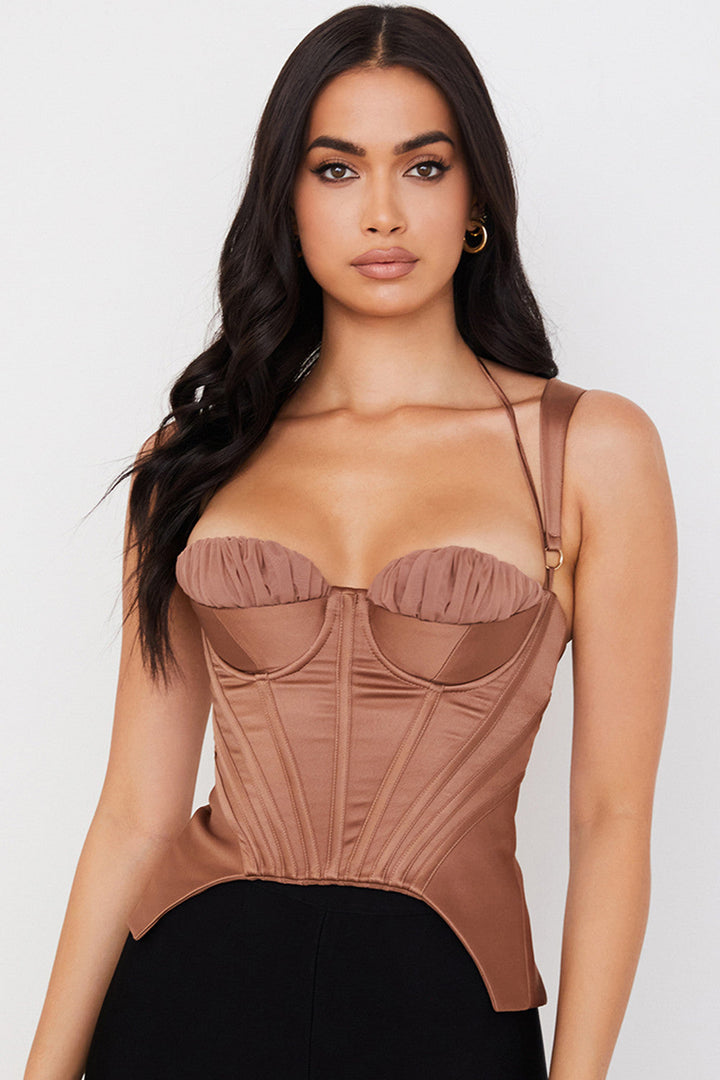Levoire | Toffee Satin Stoff Corset Avec Peplum