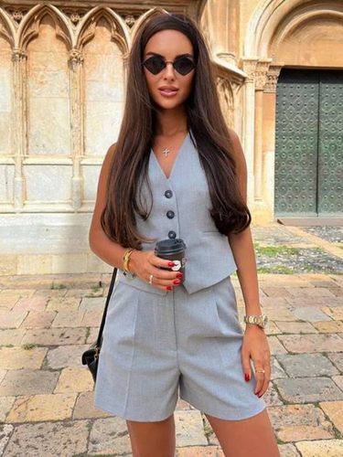 Levoire | Veste Sans Manches À Une Rangée Continue Décolleté En V Et Pantalon À Taille Haute