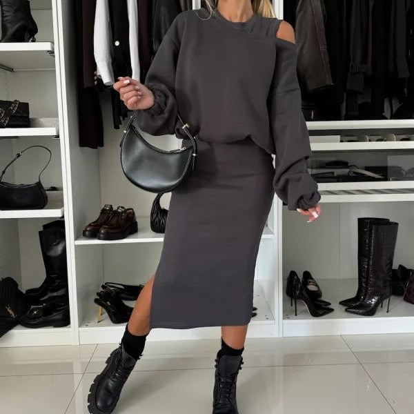 Levoire | Ensemble Midi Manches Longues Jupe Et Chemisier Ensemble Composé Femmes Gris