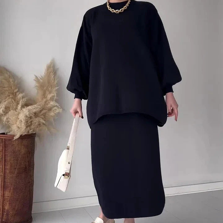 Levoire | Grande Taille Manches Longues Jupe Midi Ensemble Femme Co Ord Set Noir