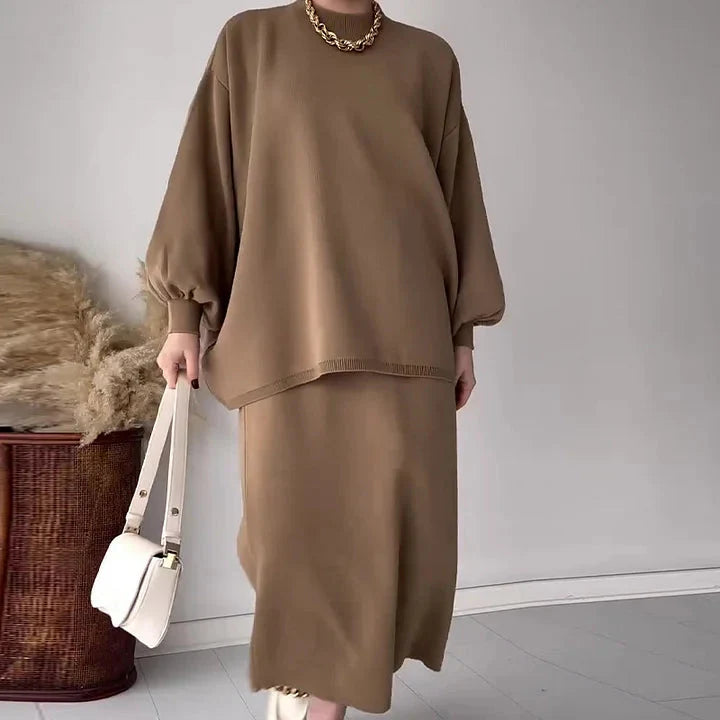 Levoire | Grande Taille Manches Longues Jupe Midi Ensemble Femme Co Ord Set Beige