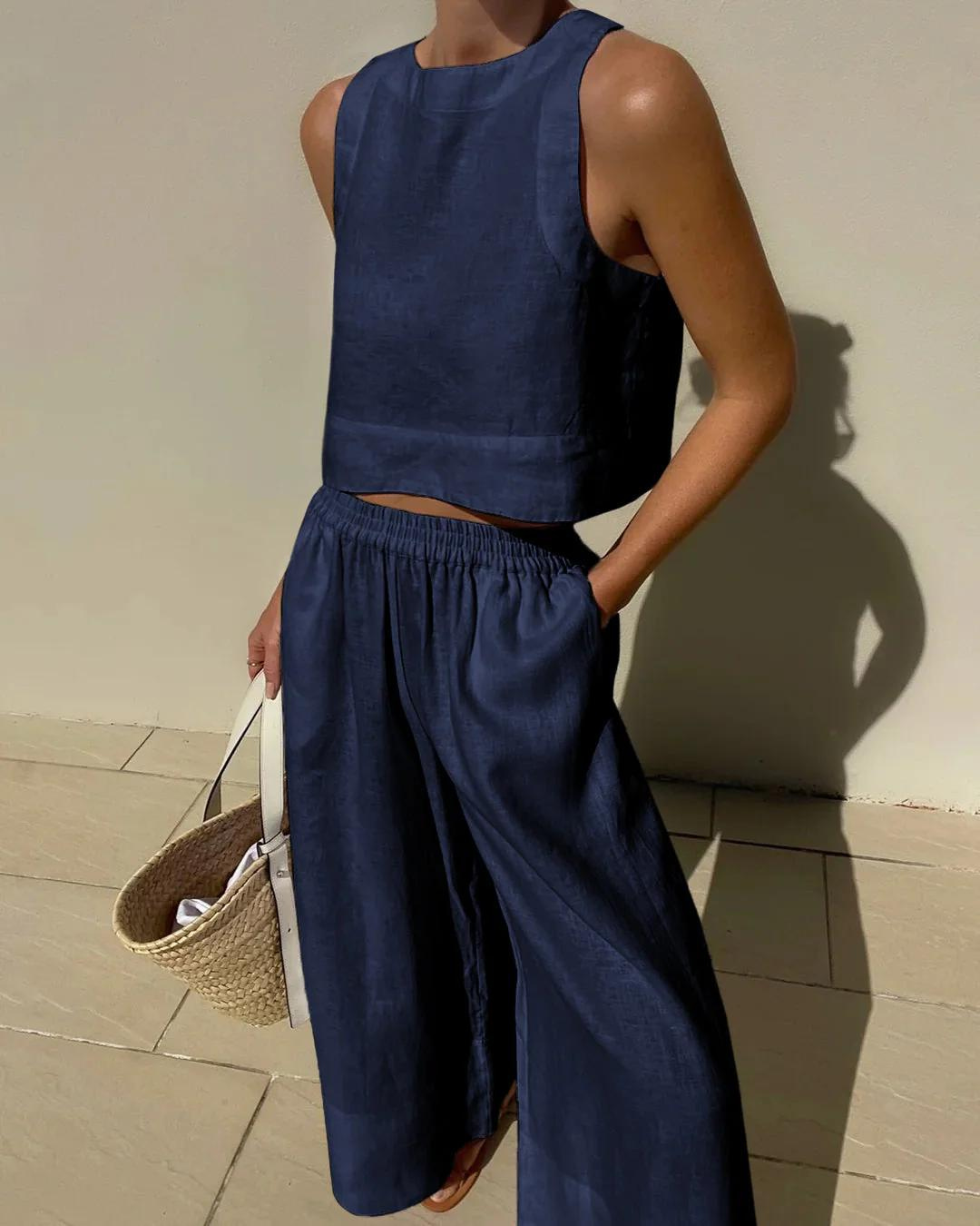 Levoire | Chemise Pour Femme Assortie Et Pantalon Large Pour L'Été Marine bleu