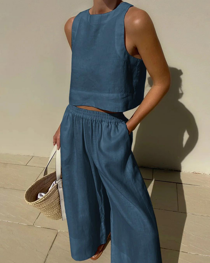 Levoire | Chemise Pour Femme Assortie Et Pantalon Large Pour L'Été Bleu