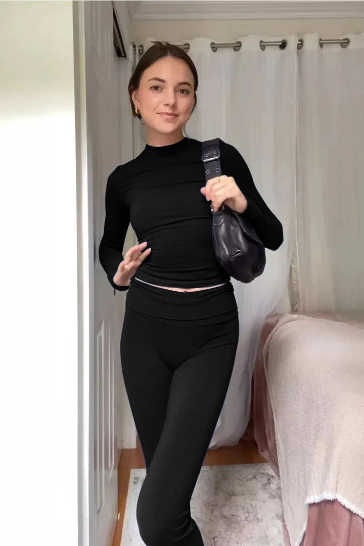 Levoire | T-Shirt Élastique Et Pantalon Large Évasé Pour Dames Ensemble Lounge Noir (manches longues)