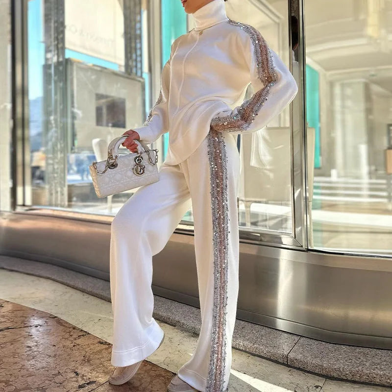 Levoire | Ensemble Paillettes Pull Col Roulé Manches Longues Pantalon Ensemble Femme Set Blanc