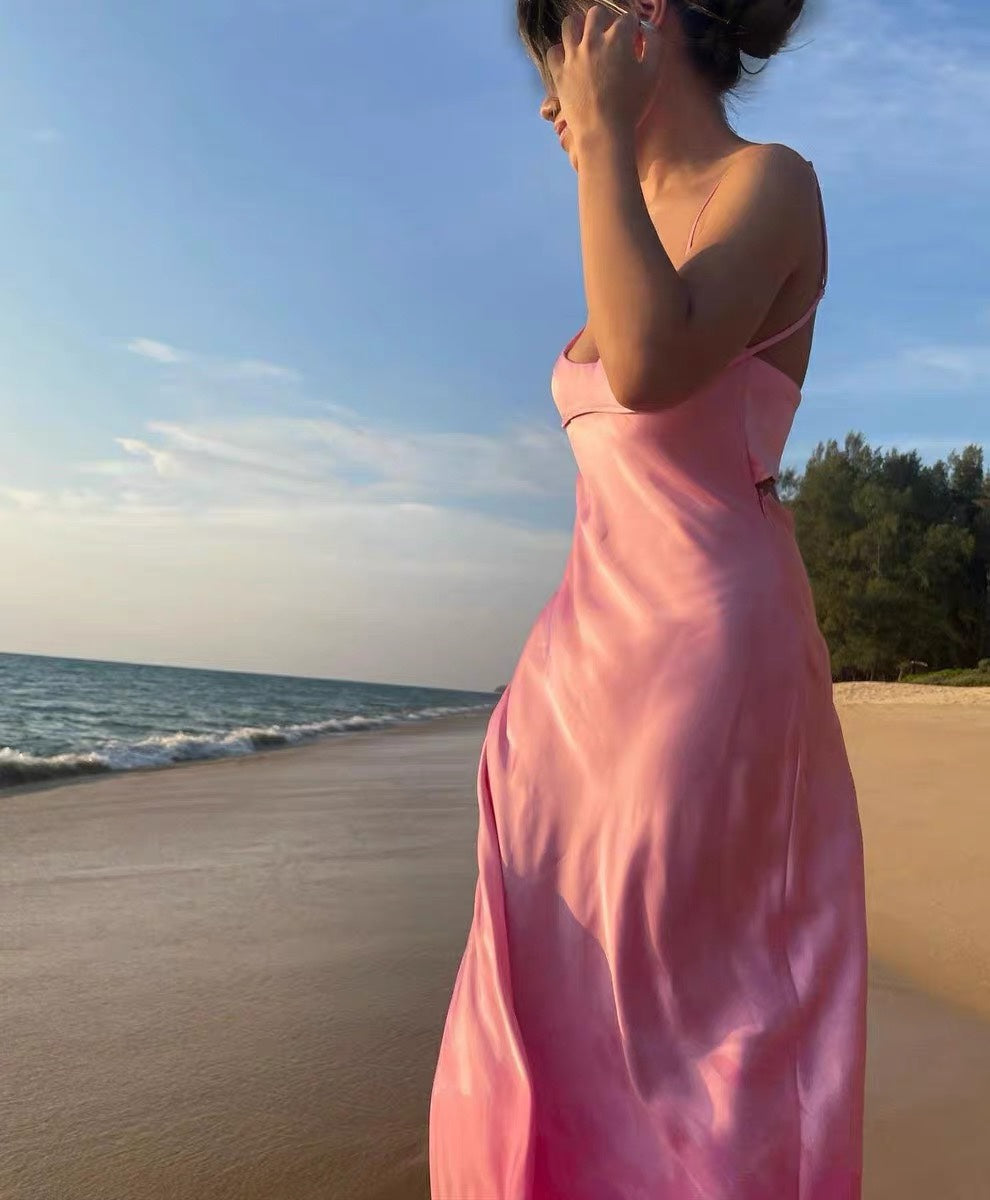 Levoire | Satin Sans Épaules Dos U Fente Midi Robe