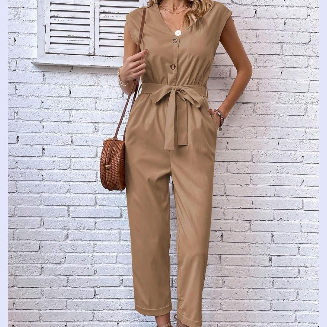 Levoire | Combinaisons à col en V à manches courtes pour femmes Khaki