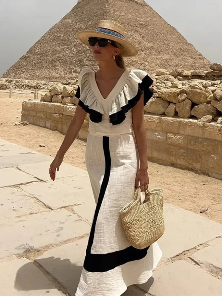 Levoire | Robe Midi Élégante En Patchwork Avec Volants Et Taille Haute