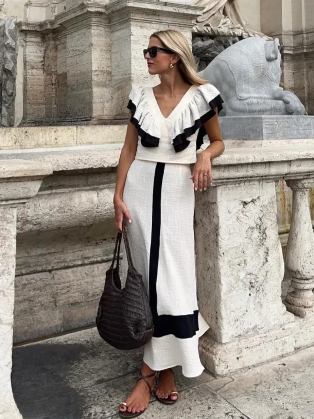 Levoire | Robe Midi Élégante En Patchwork Avec Volants Et Taille Haute