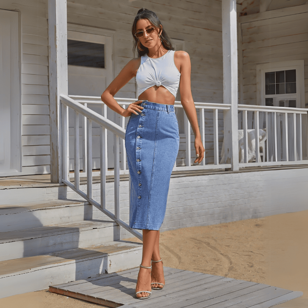Levoire | Midi Aus Denim Anka Avec Taille Haute Bleu