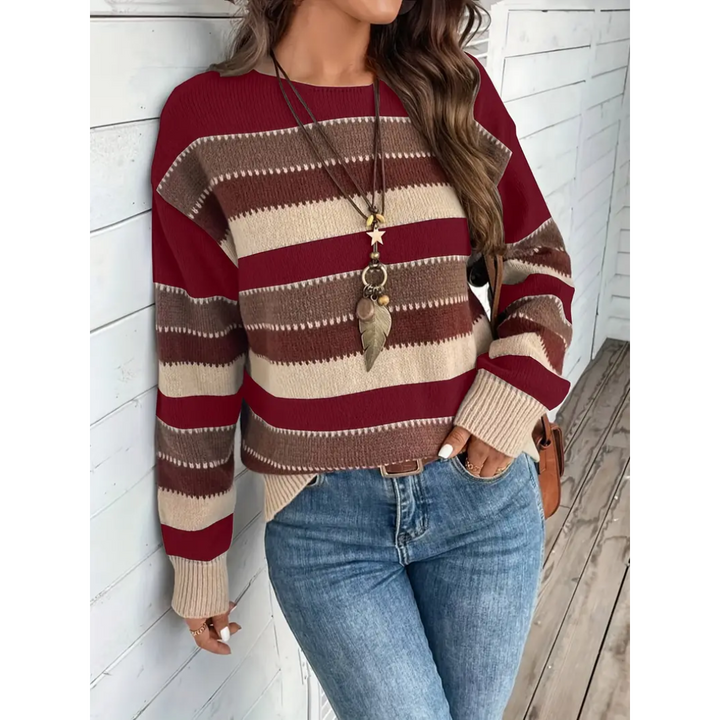 Levoire | Pull Femme Rayé Chaud À Col Rond Rot
