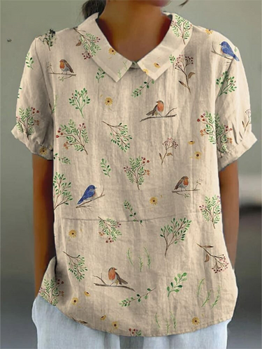 Levoire | Chemisier Pour Femme En Coton Et Lin Avec Motif D'Oiseau Et De Branche