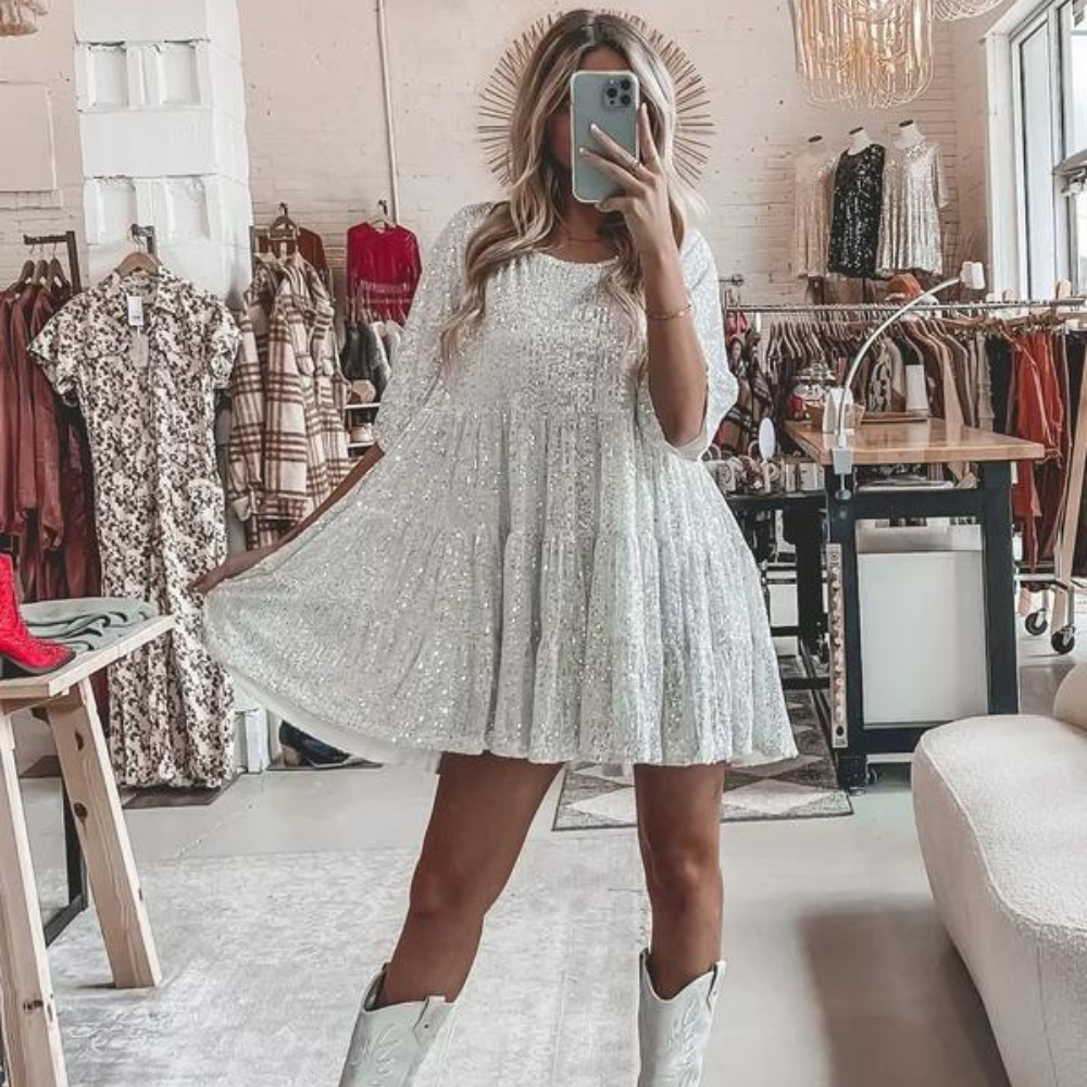 Levoire | Élégante Robe À Manches Courtes Et Paillettes Blanc
