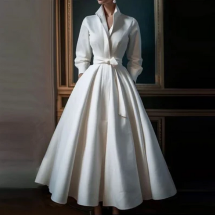 Levoire | Robe D'Invite De Mariage À Manches Longues Et Taille Ceinturée - Midi Blanc