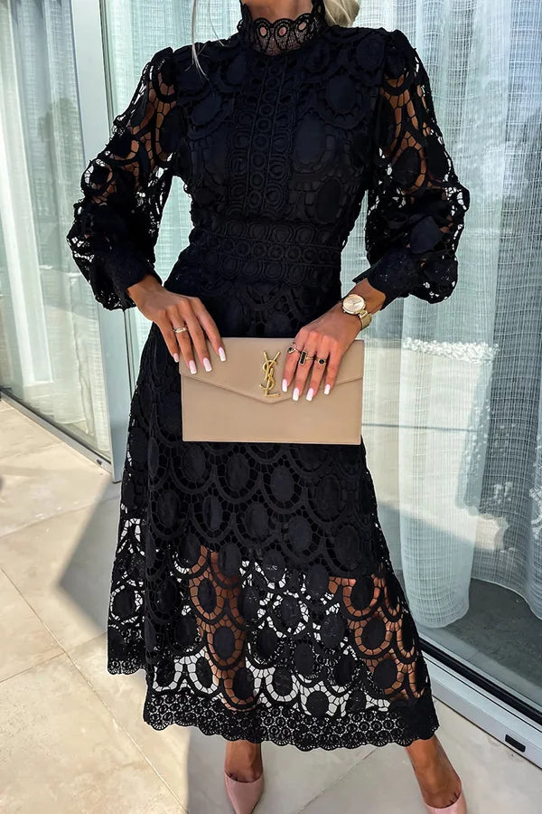 Levoire | Robe Midi Romantique Manches Dentelle Noir