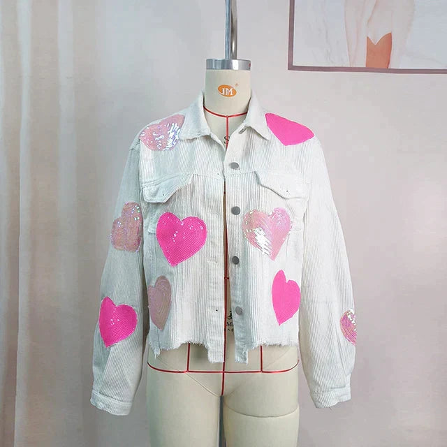 Levoire | Veste En Velours Côtelé Avec Cœur En Sequins Blanc