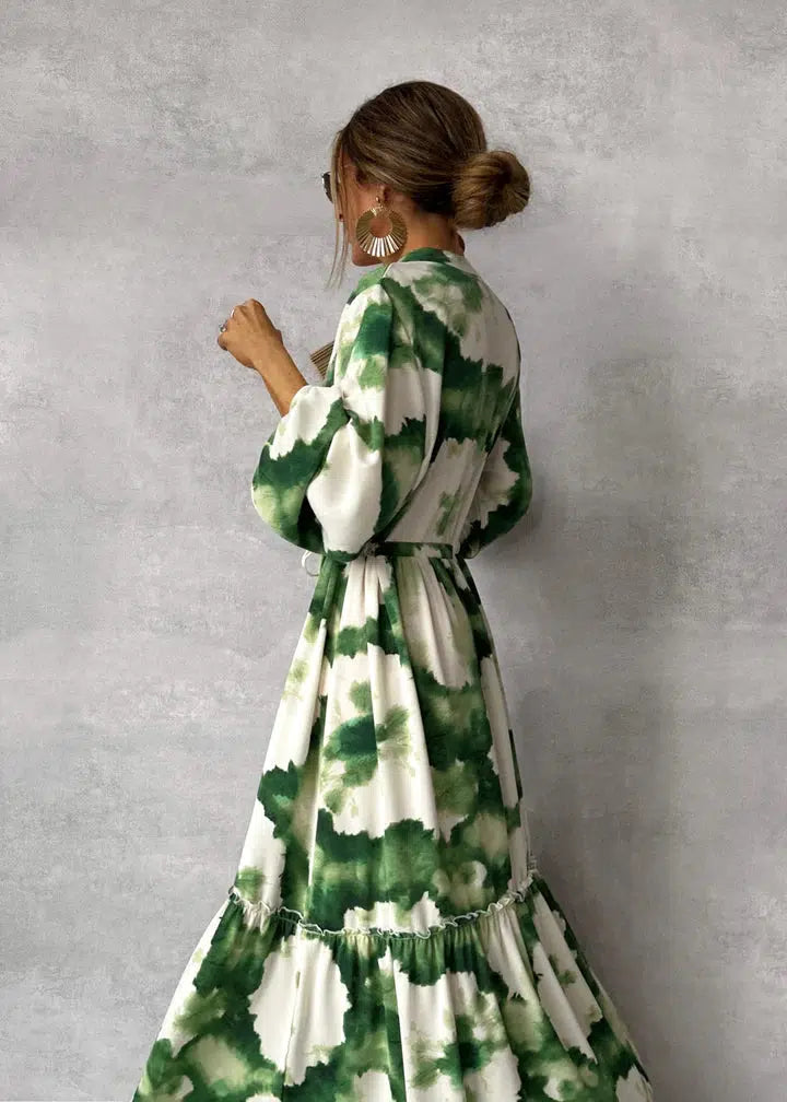 Levoire | Robe Maxi Verte À Manches Longues & Décolleté En V Pour Un Look Frais