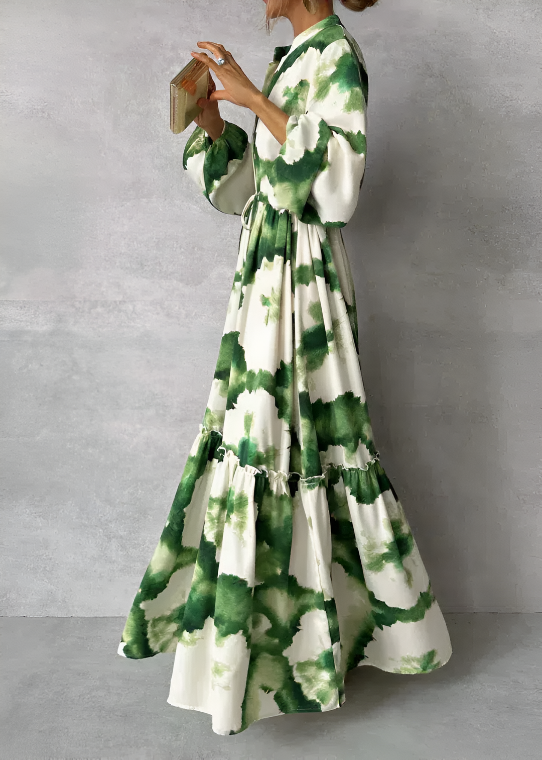 Levoire | Robe Maxi Verte À Manches Longues Et Décolleté En V Blanc et Vert