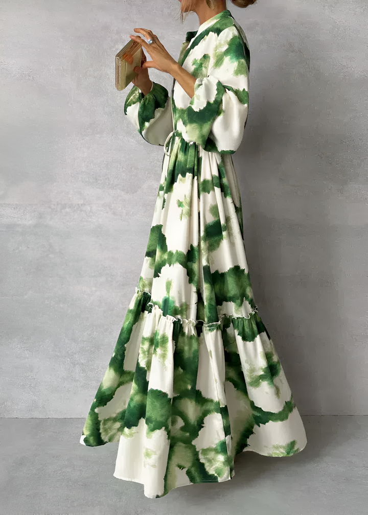 Levoire | Robe Maxi Verte À Manches Longues Et Décolleté En V Blanc et Vert