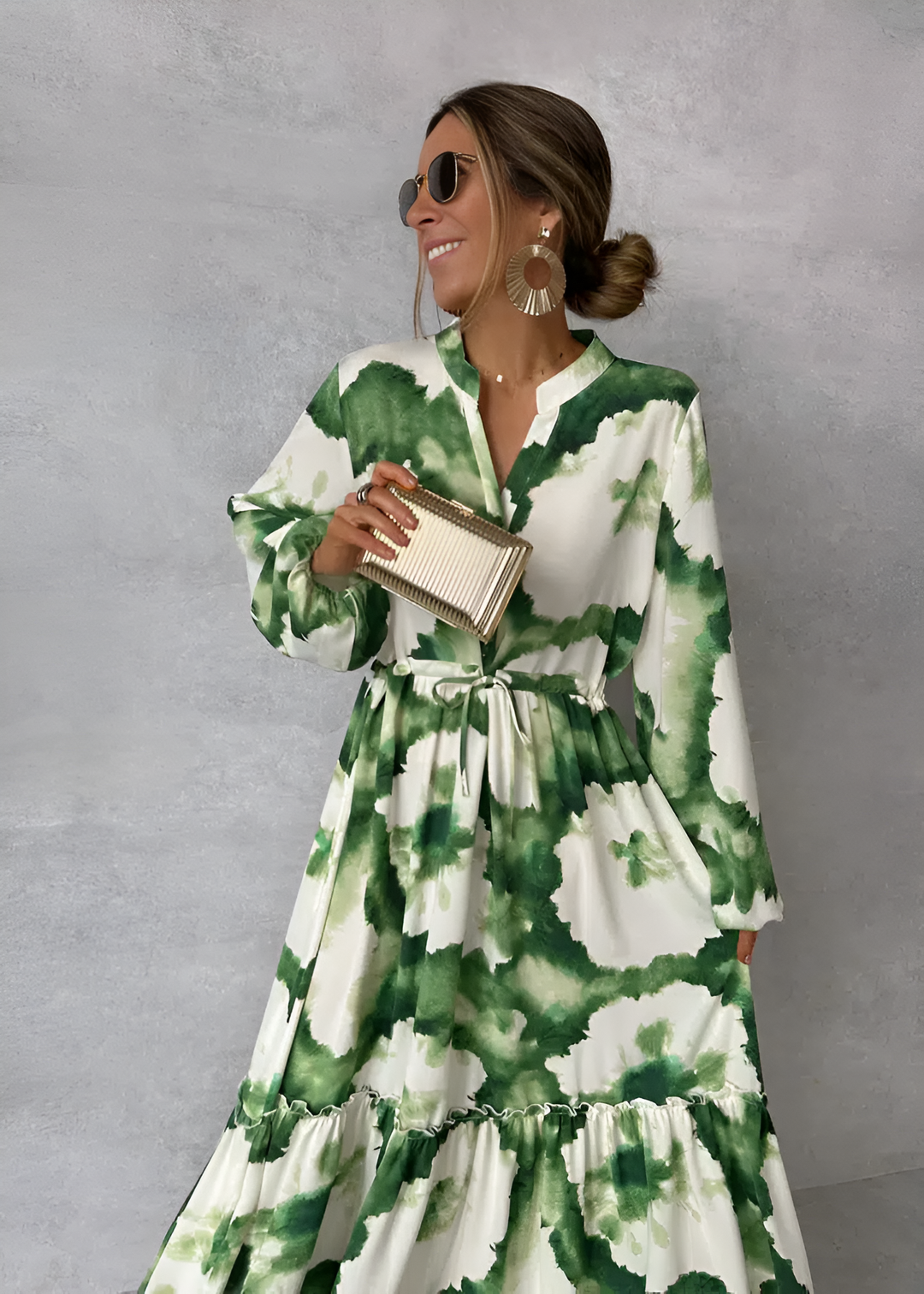 Levoire | Robe Maxi Verte À Manches Longues Et Décolleté En V