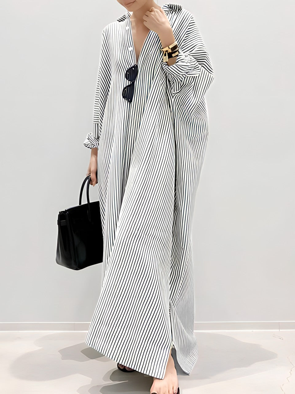 Levoire | Robe En Lin À Rayures Avec Une Coupe Décontractée Gris