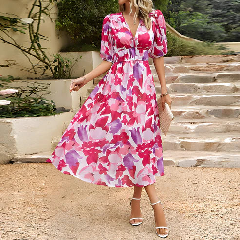 Levoire | Robe D'Été Élégante Avec Motif Floral Et Décolleté En V Rosa