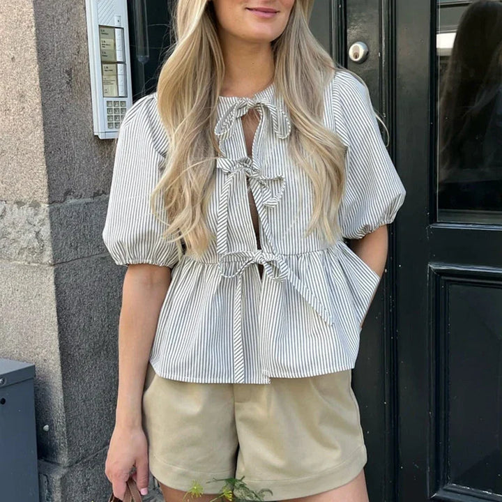 Levoire | Blouse Vintage Rayée Avec Nœud Cravate Gris