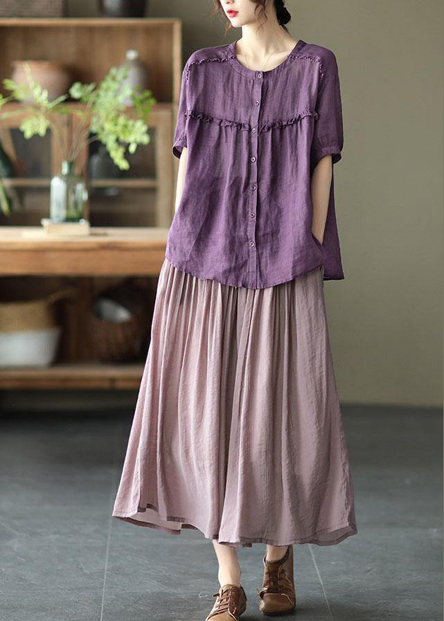 Levoire | Lilas Clair Élégant Jupe Plissée Patchwork Lin Été