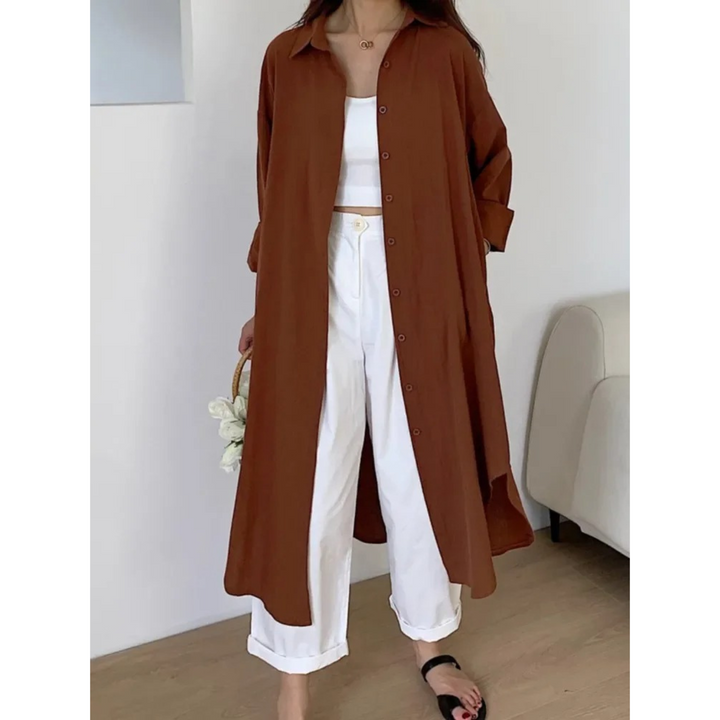 Levoire | Lin Coton Mi-Long Chemisier Robe Brun foncé
