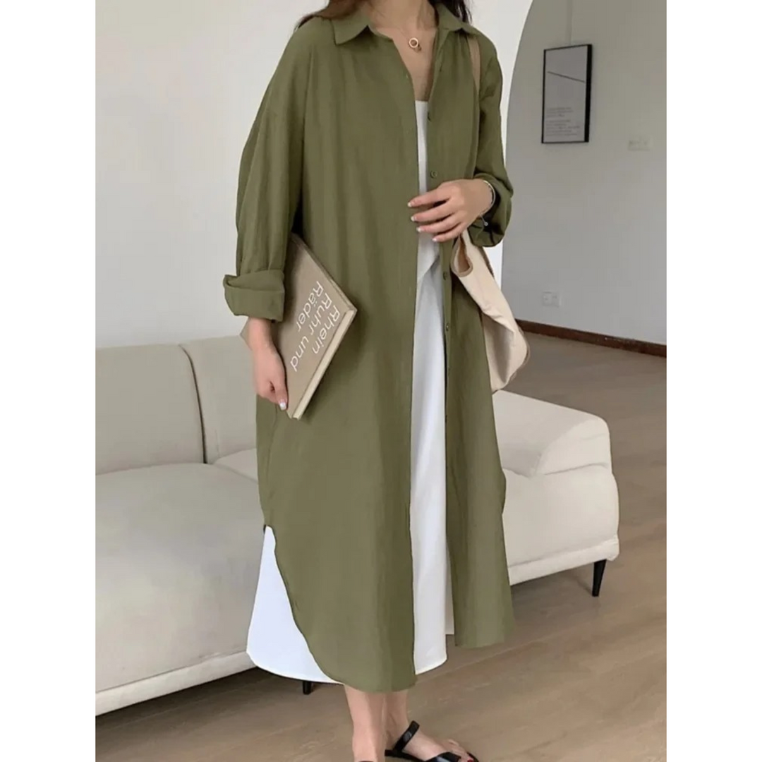 Levoire | Lin Coton Mi-Long Chemisier Robe Vert