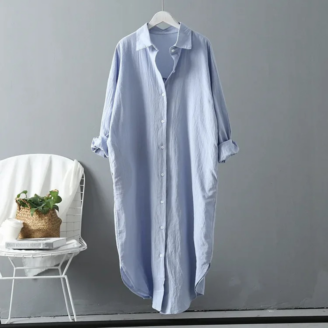 Levoire | Lin Coton Mi-Long Chemisier Robe Bleu