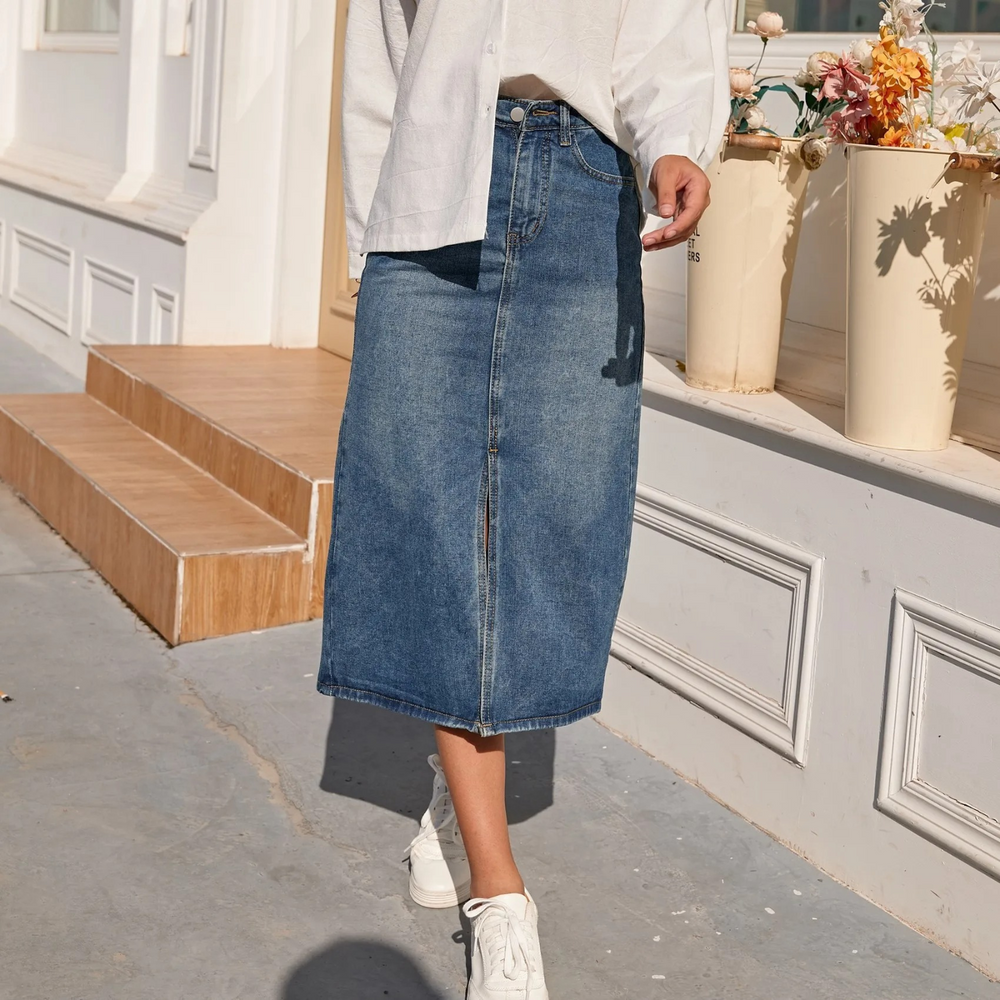 Levoire | Jupe En Jean Longue Bleue Vintage Taille Haute Fente