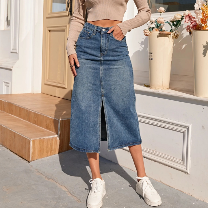Levoire | Jupe En Jean Longue Bleue Vintage Taille Haute Fente