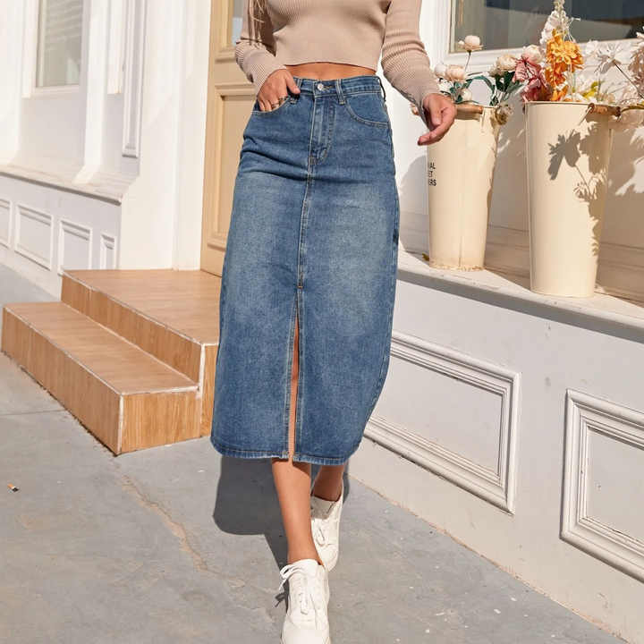 Levoire | Jupe En Jean Longue Bleue Vintage Taille Haute Fente