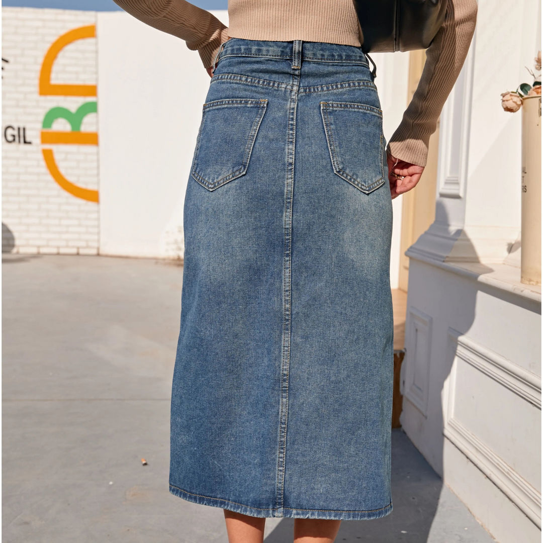 Levoire | Jupe En Jean Longue Bleue Vintage Taille Haute Fente