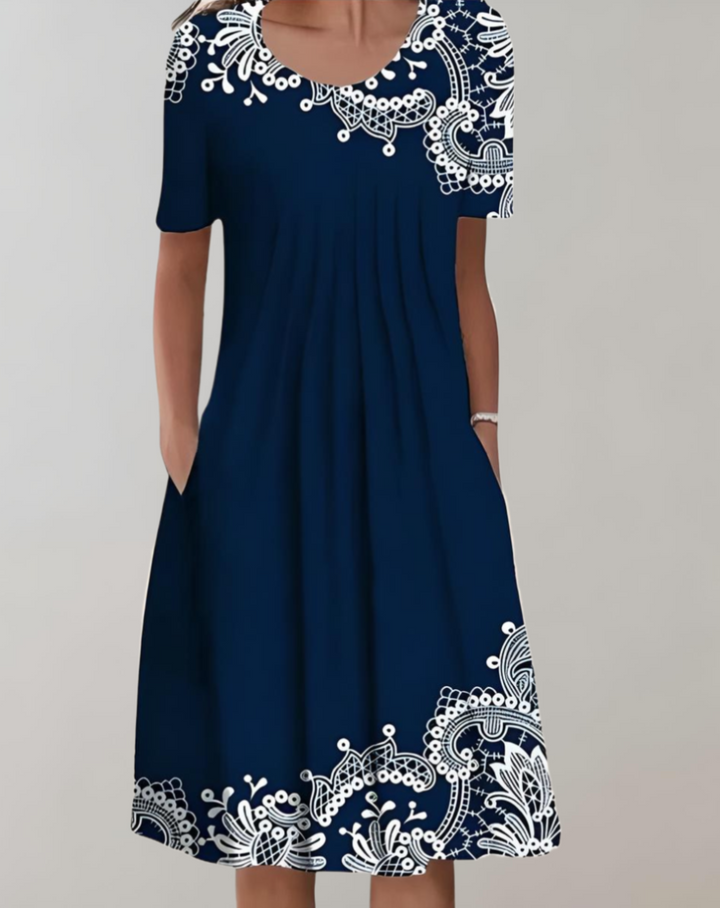 Levoire | Robe Smockée À Motifs Avec Encolure Ronde Et Poches Bleu foncé