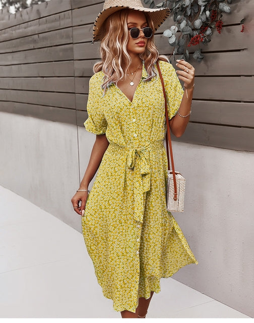 Levoire | Robe Midi Boho Élégante Avec Imprimé Floral Pour Femmes Jaune