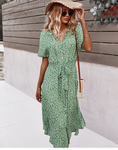 Levoire | Robe Midi Boho Élégante Avec Imprimé Floral Pour Femmes Vert